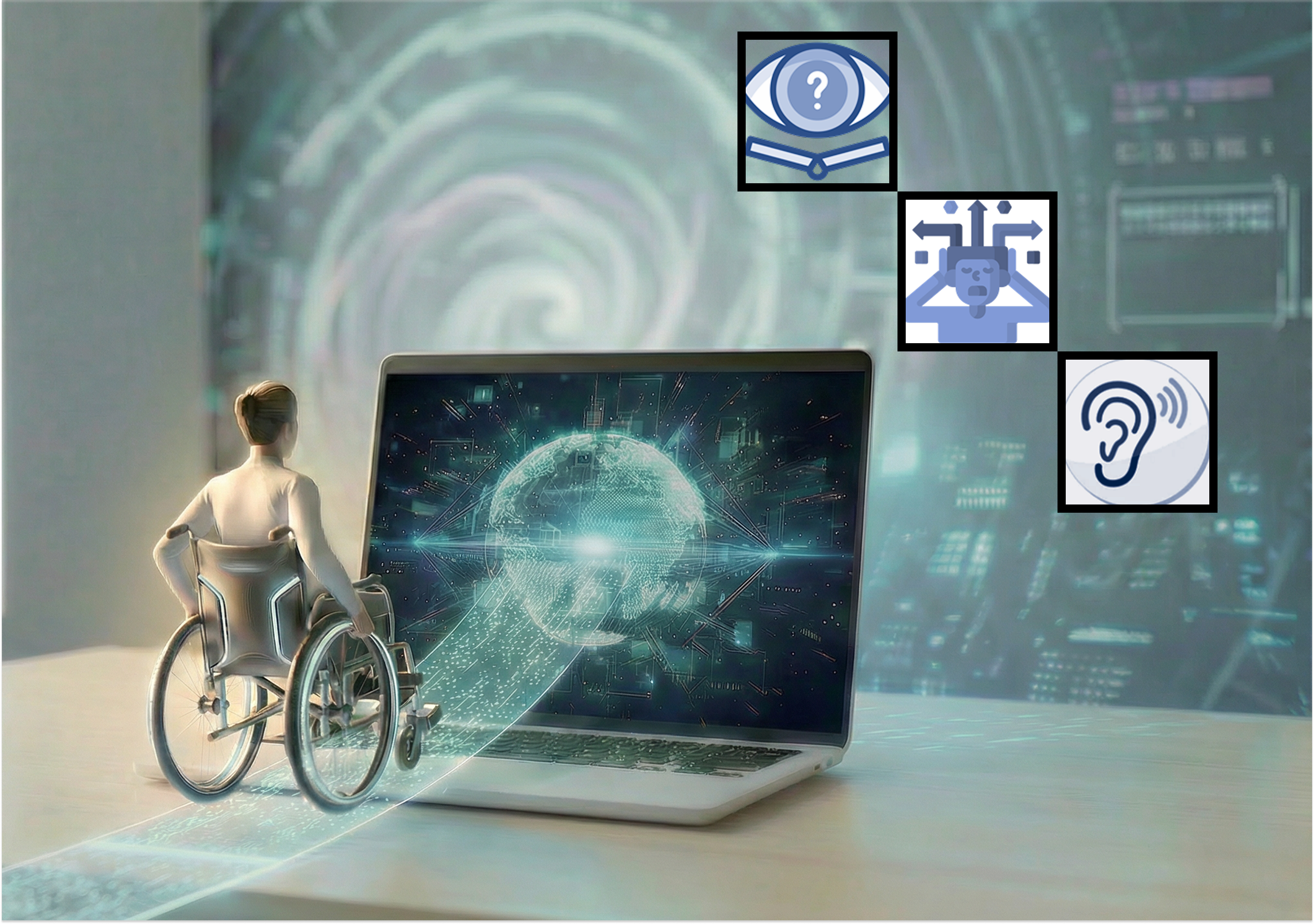 Métaphore de l'accessibilité faite avec l'IA, où l'on voit une personne en fauteuil roulant sur une rampe permettant d'accéder à l'intérieur d'un écran d'ordinateur. Les handicaps visuels, auditifs et mentaux sont représentés par des icônes.